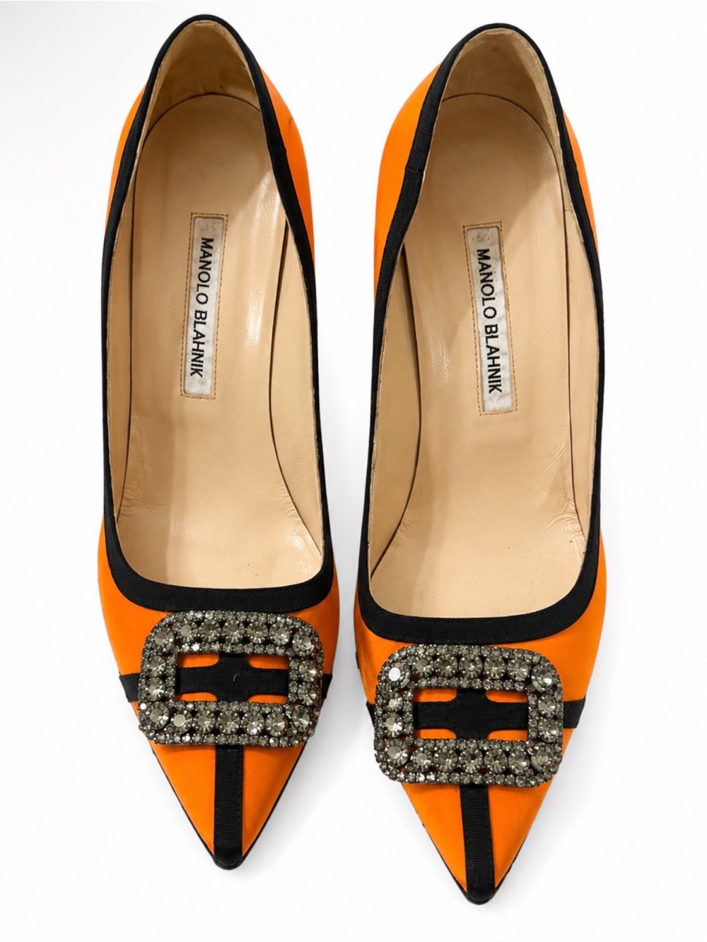 Manolo Blahnik Orange and Black Pointed Toe Pumps with Crystal Buckle